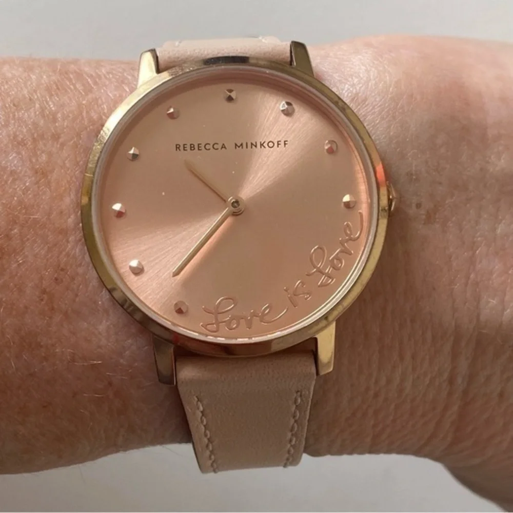 Rebecca Minkoff Rose Gold Love round Face Tan Leather Quartz Watch
